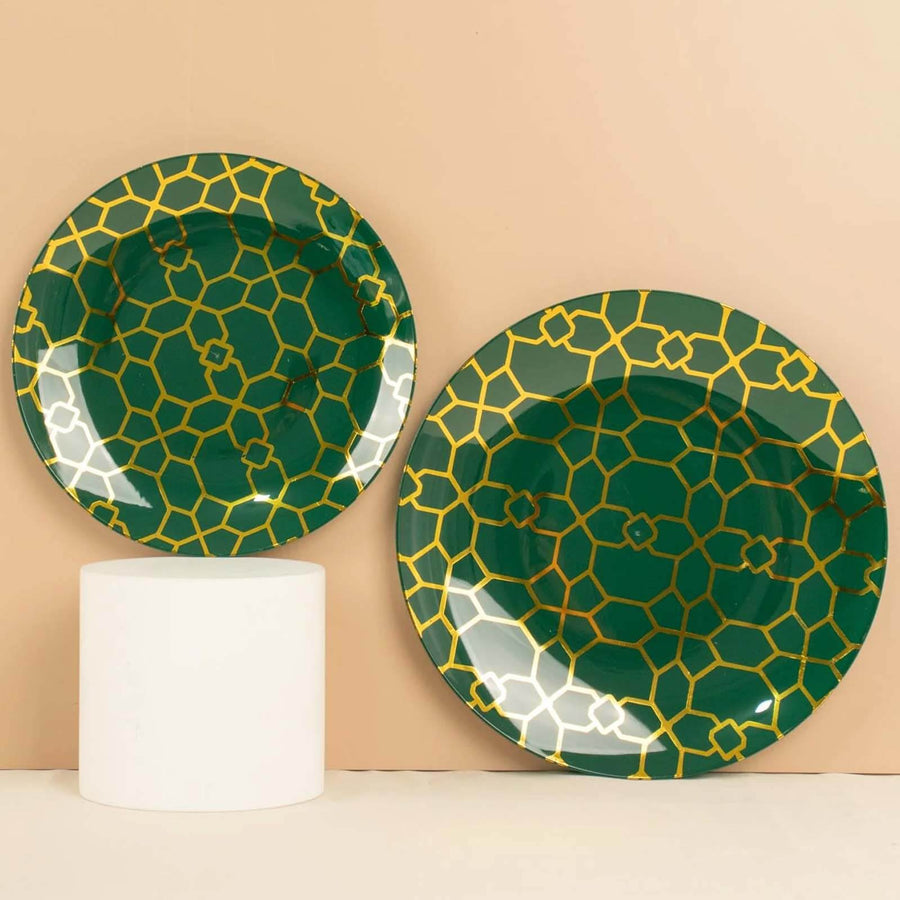 20 Pack Set | 9inch, 7inch Hunter Emerald Green Geometric Gold Print Plastic Plates