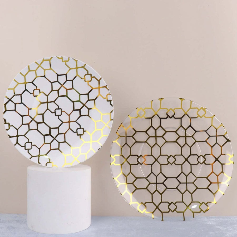 20 Pack Set | 9inch, 7inch White & Clear Geometric Gold Print Plastic Plates