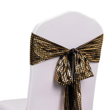 5 Pack Shiny Black Gold Foil Chair Sashes Disco Mirror Ball Theme Polyester Chair Sashes - 6"x108"