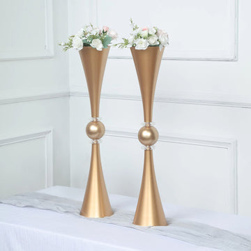 2 Pack 27" Shiny Gold Crystal Embellishment Trumpet Flower Vase, Reversible Plastic Table Centerpiece