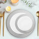 White Plastic Disposable Salad Dessert Appetizer Plates, Round With Silver Hot Stamped Checkered Rim