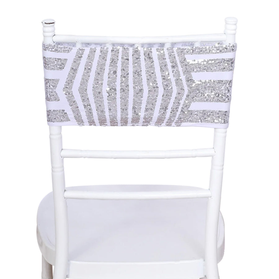 5 Pack Silver Diamond Glitz Sequin White Spandex Chair Sash Bands, Sparkly Geometric Stretchable