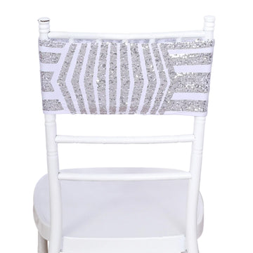 5 Pack Silver Diamond Glitz Sequin White Spandex Chair Sash Bands, Sparkly Geometric Stretchable Chair Sashes