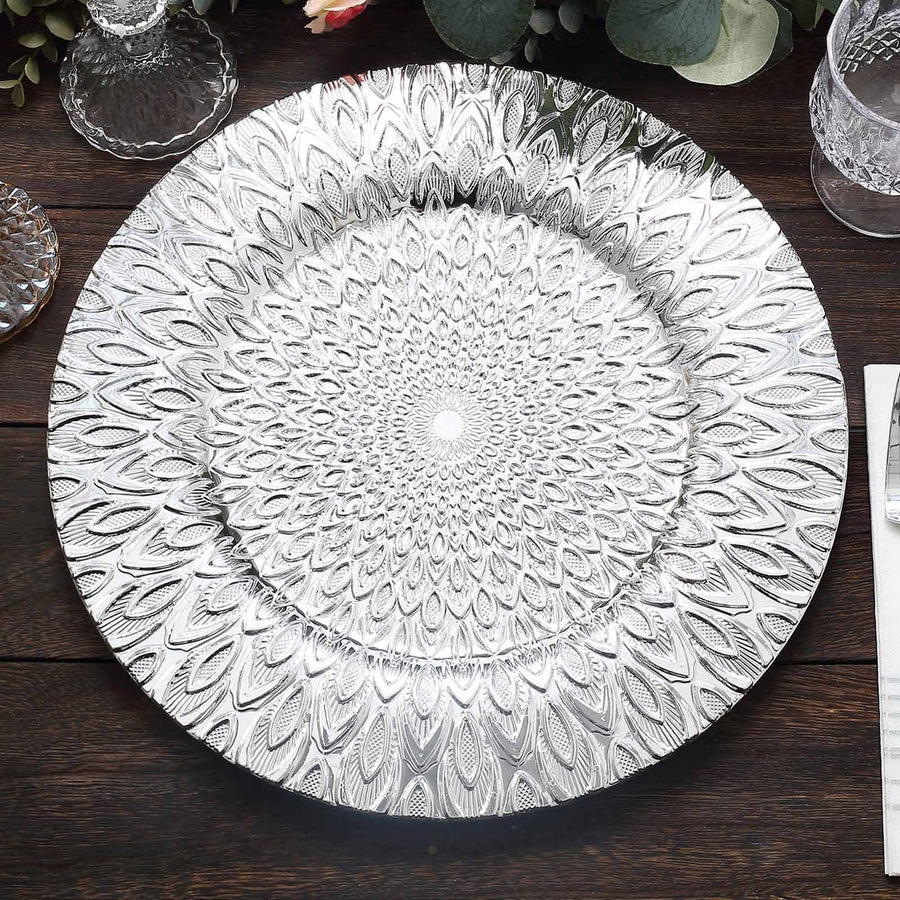 6 Pack | 13inch Silver Embossed Peacock Design Disposable Charger Plates