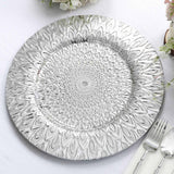 6 Pack | 13inch Silver Embossed Peacock Design Disposable Charger Plates