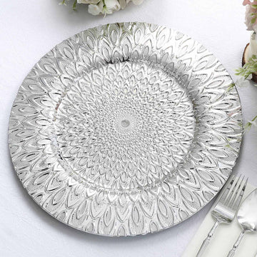 6 Pack 13" Silver Embossed Peacock Design Disposable Charger Plates, Round Plastic Serving Plates