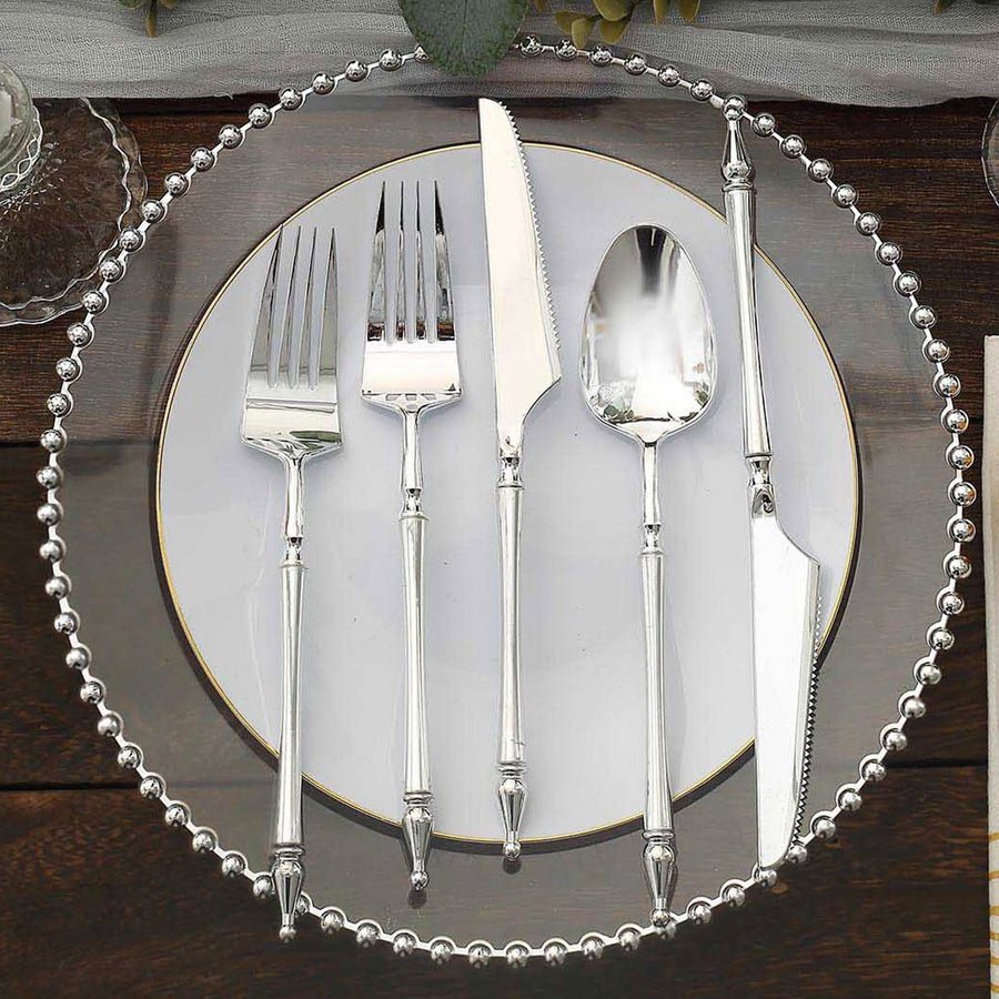 24 Pack | Silver European Style Plastic Silverware Set with Roman Column Handle, Disposable