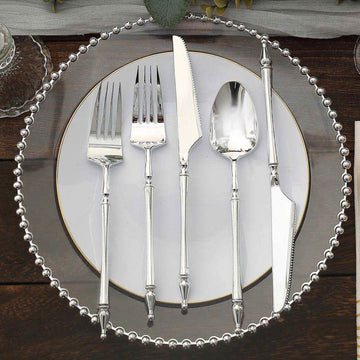 24 Pack Silver European Style Plastic Silverware Set with Roman Column Handle, Disposable Fork, Spoon and Knife Utensil