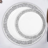 10 Pack | 6inch Silver Lace Rim White Disposable Salad Plates, Plastic Dessert Appetizer Plates