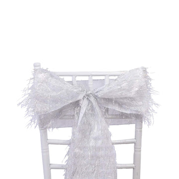 5 Pack Silver Metallic Fringe Shag Tinsel Chair Sashes, Shimmery Polyester Chair Sashes - 6"x108"