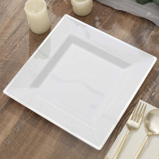 10 Pack | 10" Silver Trim White Square Disposable Dinner Plates