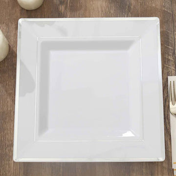 10 Pack 10" Silver Trim White Square Disposable Dinner Plates, Plastic Party Plates