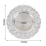 6 Pack Silver Vintage Acrylic Charger Plates With Floral Carved Borders, 13inch Round Dinner Charger