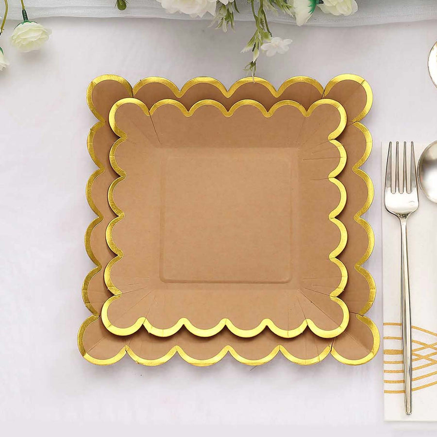 25 Pack | 7 Square Natural Brown Paper Salad Plates With Gold Scalloped Rim, Party Plates