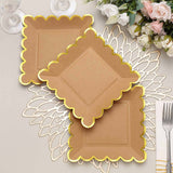 25 Pack | 7 Square Natural Brown Paper Salad Plates With Gold Scalloped Rim, Party Plates