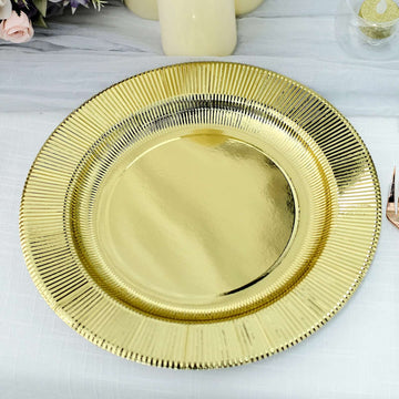 25 Pack Sunray Metallic Gold 13" Disposable Charger Plates, Cardboard Serving Tray, Round - 350 GSM