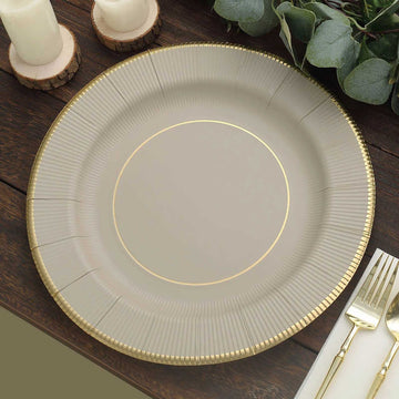 25 Pack 13" Taupe Gold Rim Sunray Disposable Charger Plates, Heavy Duty Paper Serving Plates - 350 GSM