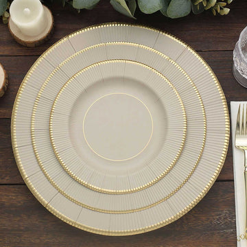 25 Pack 8" Taupe Gold Rim Sunray Disposable Dessert Plates, Heavy Duty Paper Appetizer Salad Plates - 350 GSM