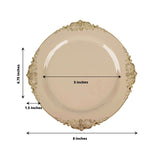 Taupe Gold Leaf Embossed Baroque Plastic Dessert Plates, Disposable Vintage Round Appetizer Plates