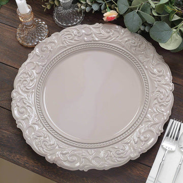 6 Pack 14" Taupe Vintage Acrylic Charger Plates With Engraved Baroque Rim, Round Disposable Serving Trays