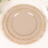 10 Pack 7" Taupe With Gold Vintage Rim Disposable Salad Plates With Embossed Scalloped Edges, Hard Plastic Dessert Plates