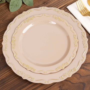 10 Pack 7" Taupe With Gold Vintage Rim Disposable Salad Plates With Embossed Scalloped Edges, Hard Plastic Dessert Plates