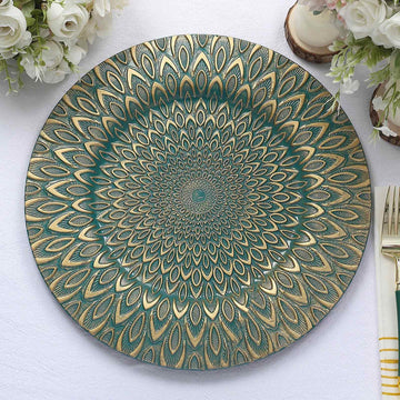 6 Pack 13" Teal Gold Embossed Peacock Design Disposable Charger Plates, Round Plastic Serving Plates