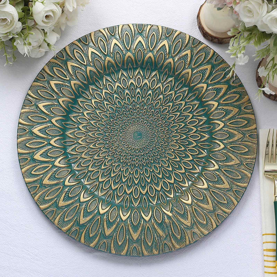 6 Pack | 13inch Teal / Gold Embossed Peacock Design Disposable Charger Plates