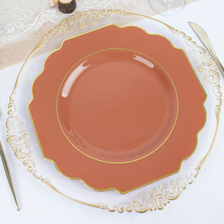 Terracotta (Rust) Heavy Duty Disposable Baroque Dinner Plates with Gold Rim