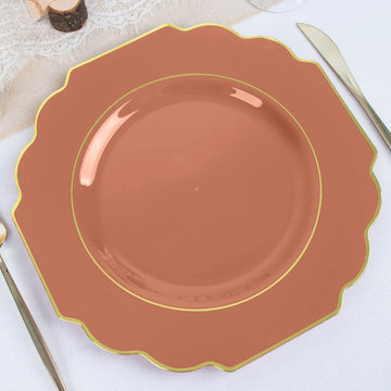 10 Pack 11" Terracotta (Rust) Heavy Duty Disposable Baroque Dinner Plates with Gold Rim, Hard Plastic Dinnerware