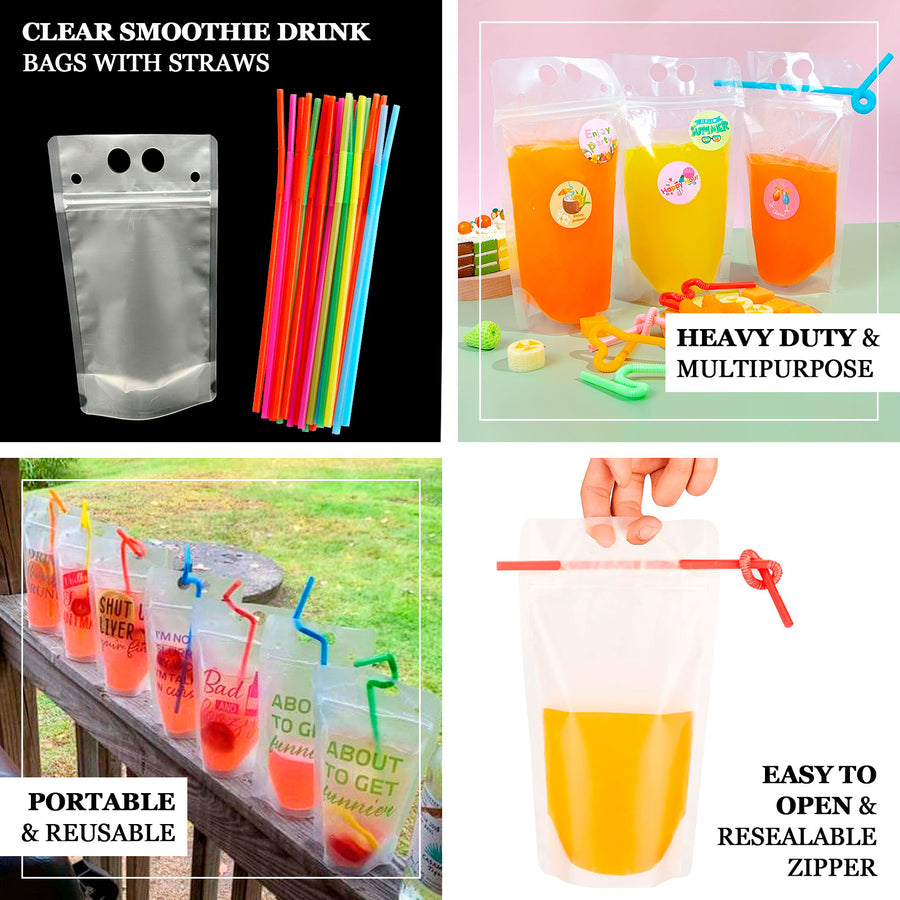 50 Pack Translucent Stand-Up Plastic Smoothie Drink Bags with Straws, 12oz Reusable Hand-Held Zipper