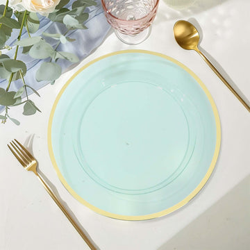 10 Pack Transparent Blue Economy Plastic Charger Plates With Gold Rim, 12" Round Dinner Chargers Event Tabletop Decor