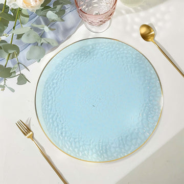 10 Pack Transparent Dusty Blue Hammered Economy Plastic Charger Plates With Gold Rim, 13" Round Dinner Chargers Event Tabletop Decor