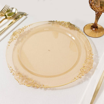 10 Pack 10" Transparent Amber Plastic Party Plates With Gold Leaf Embossed Baroque Rim, Round Disposable Dinner Plates