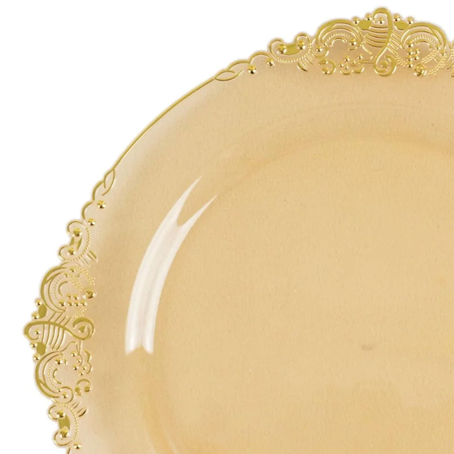 10 Pack 8" Amber Plastic Salad Plates With Gold Leaf Embossed Baroque Rim#whtbkgd
