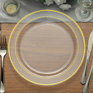 Très Chic Gold Rim Clear Disposable Dinner Plates - Elegant Party Plates for Any Occasion