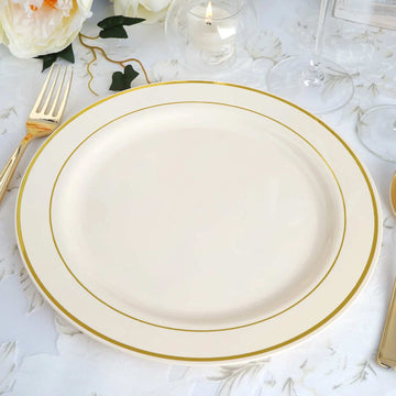 10 Pack 10" Très Chic Gold Rim Ivory Disposable Dinner Plates, Plastic Party Plates