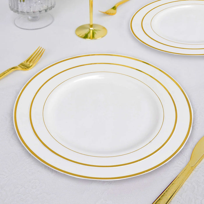 10 Pack | 8inch Très Chic Gold Rim Ivory Disposable Salad Plates, Plastic Dessert Appetizer Plates