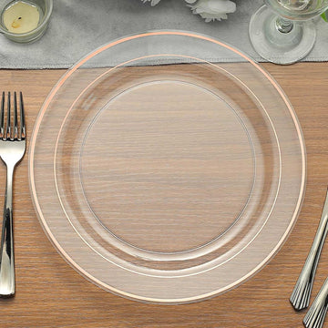 10 Pack 10" Très Chic Rose Gold Rim Clear Disposable Dinner Plates, Plastic Party Plates