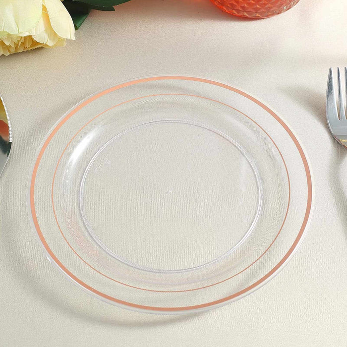 10 Pack | 8inch Très Chic Rose Gold Rim Clear Disposable Salad Plates, Plastic Appetizer Plates