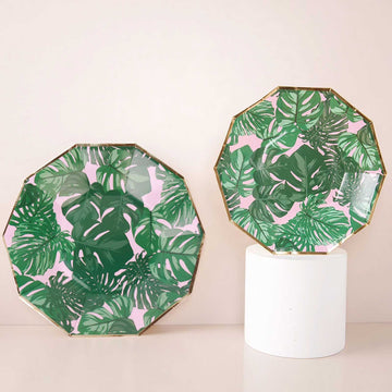 25 Pack Tropical Palm Leaf 9" Dinner Paper Plates, Disposable Plates Geometric Decagon Shaped Pink Green With Gold Rim