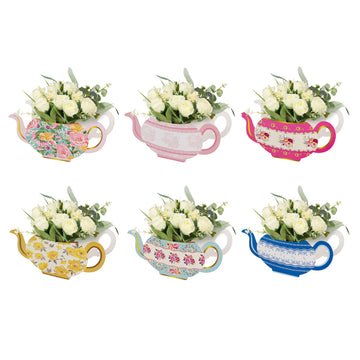 6 Pack Vintage Mixed Paper Teapot Favor Boxes with Floral Design, Flower Boxes Centerpiece Tea Party Decorations - 10"x3.5"x5"