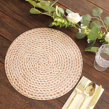 6 Pack Wheat Woven Rattan Print Disposable Dining Table Mats, 13" Round Cardstock Paper Placemats - 700 GSM