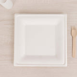 50 Pack | 10inch White Biodegradable Bagasse Square Party Plates, Disposable Sugarcane Dinner Plates