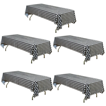 5 Pack White Black Rectangular Waterproof Plastic Tablecloths in Buffalo Plaid Style, 54"x108" Disposable Checkered Table Covers