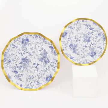 25 Pack 8" White Blue Chinoiserie Disposable Salad Plates With Gold Wavy Rim, Floral Round Paper Appetizer Dessert Party Plates