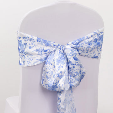 5 Pack White Blue Chinoiserie Floral Print Satin Chair Sashes, Chair Bows - 6"X108"