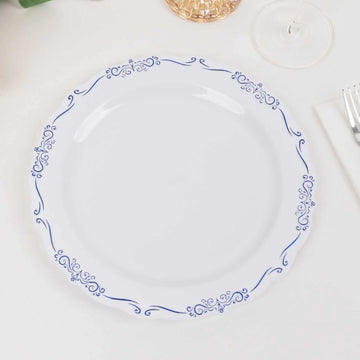 10 Pack White Blue Vintage Rim Disposable Party Plates Embossed Scalloped Edges, 10" Round Hard Plastic Dinner Plates