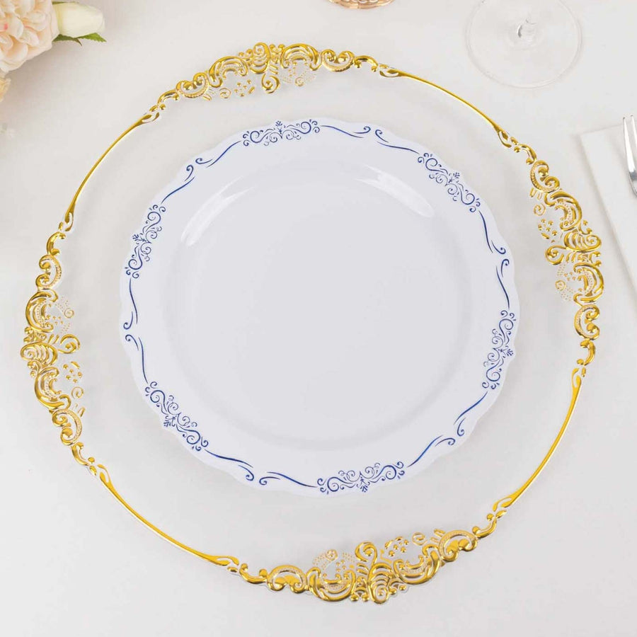 10 Pack White Blue Vintage Rim Disposable Party Plates With Embossed Scalloped Edges