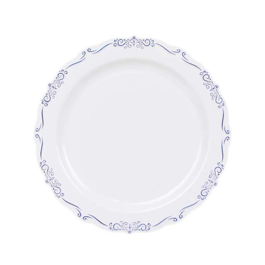10 Pack White Blue Vintage Rim Disposable Salad Plates With Embossed Scalloped Edges#whtbkgd